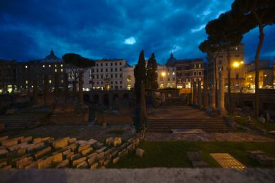 The Roman ruins of the Largo Argentina in Rome after dark
